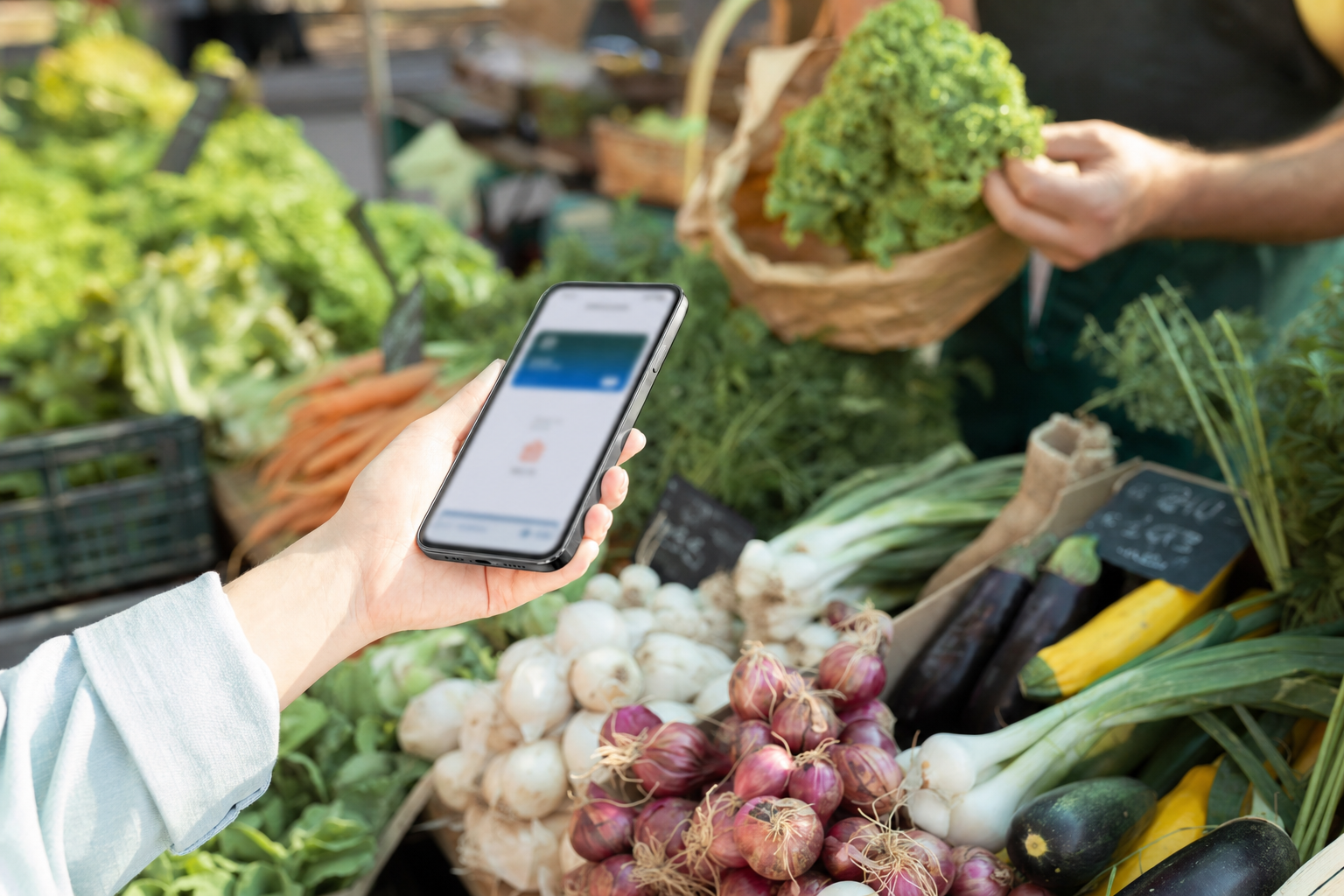 Smartphone mit geöffneter Bezahl-App über einem Marktstand mit regionalem Gemüse, Hand hält das Telefon, sommerliches Licht