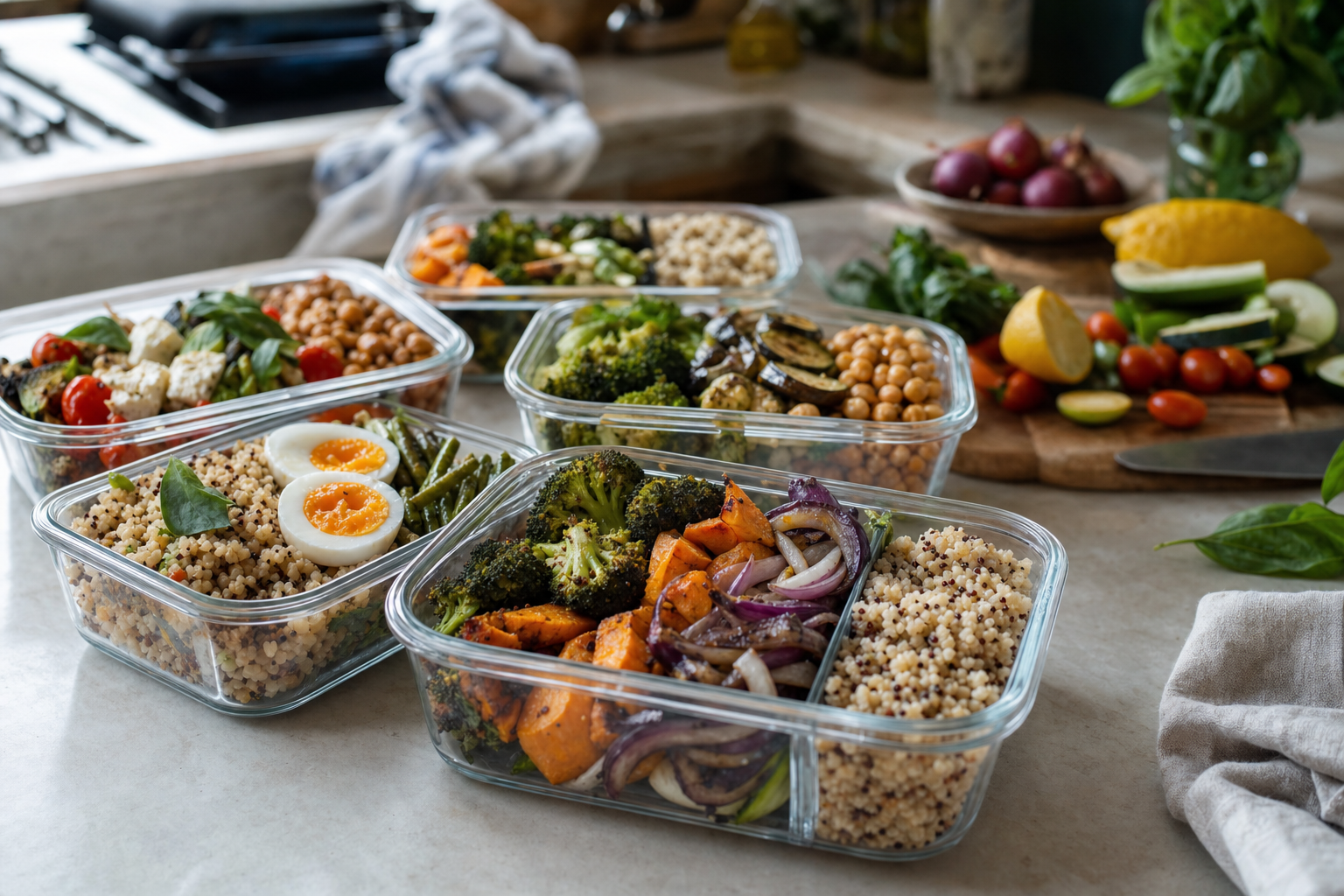 Vorbereitete Meal-Prep-Boxen mit buntem Ofengemüse, Getreide und Hülsenfrüchten auf einer hellen Küchenarbeitsplatte, frische Zutaten daneben