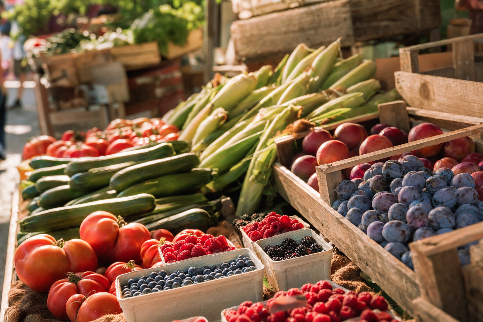 Marktstand im Hochsommer mit reifen Tomaten, Zucchini, Mais, Pflaumen und Beeren in Holzkisten, warmes Sommerlicht
